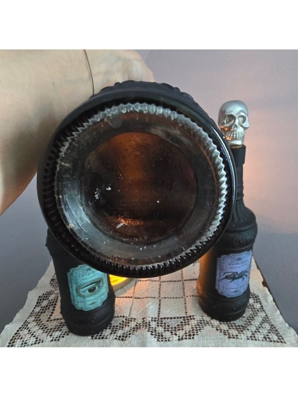 Three Black Glass Gothic Witch Tincture Potion Bottles With Skull Cork Stoppers - Picture 11 of 12